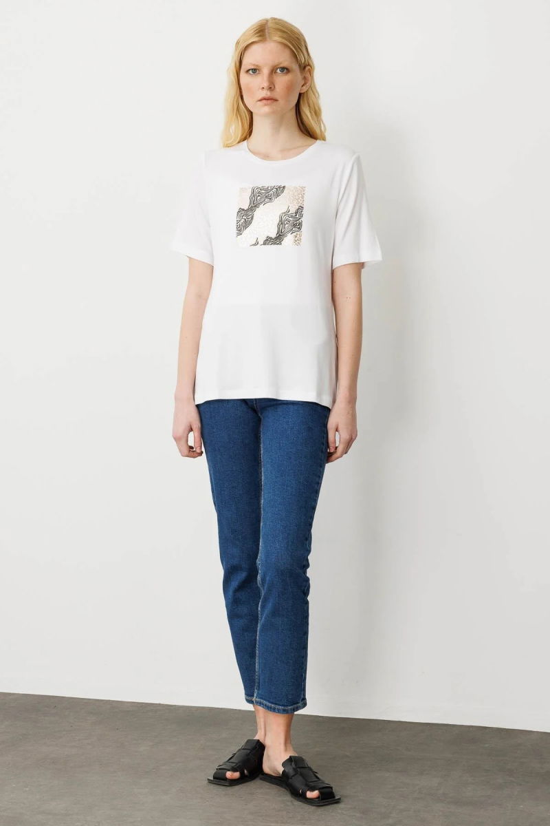Desen Triko Kadın Sıfır Yaka Önü Taş Baskılı Penye T-Shirt 25834 Ekru - 2