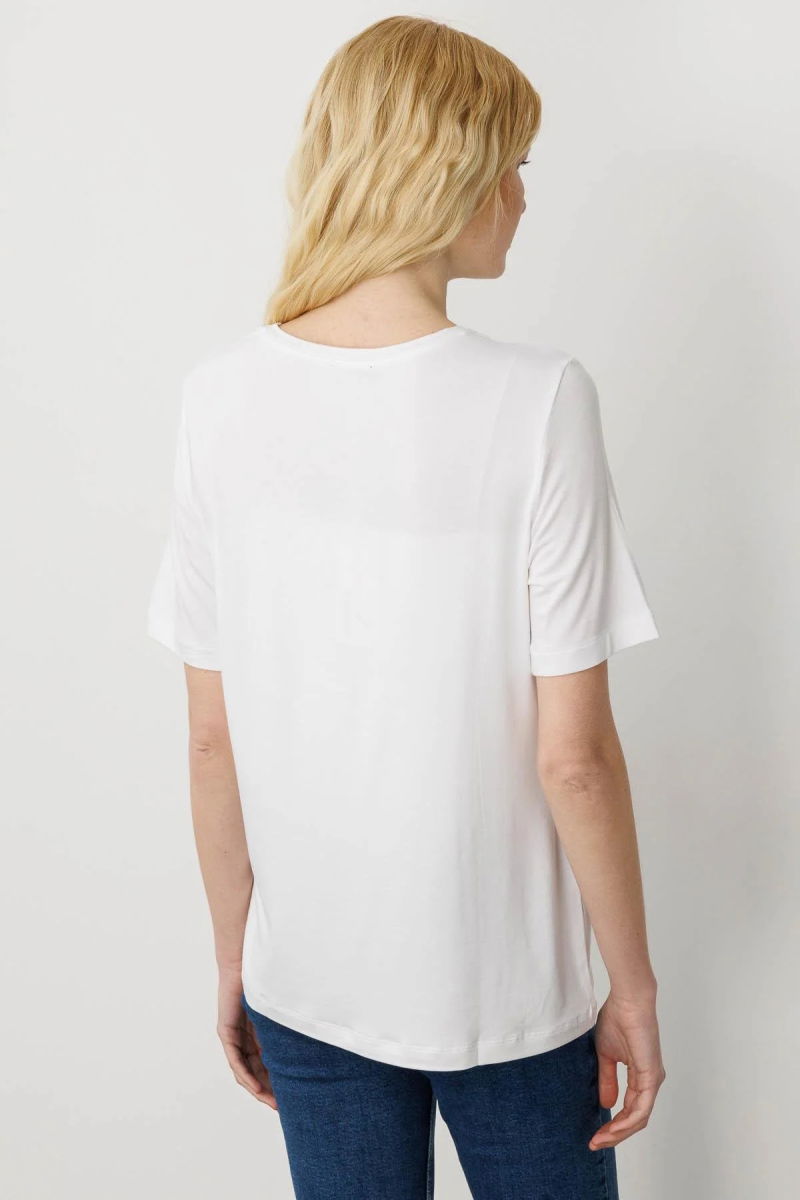 Desen Triko Kadın Sıfır Yaka Önü Taş Baskılı Penye T-Shirt 25834 Ekru - 4