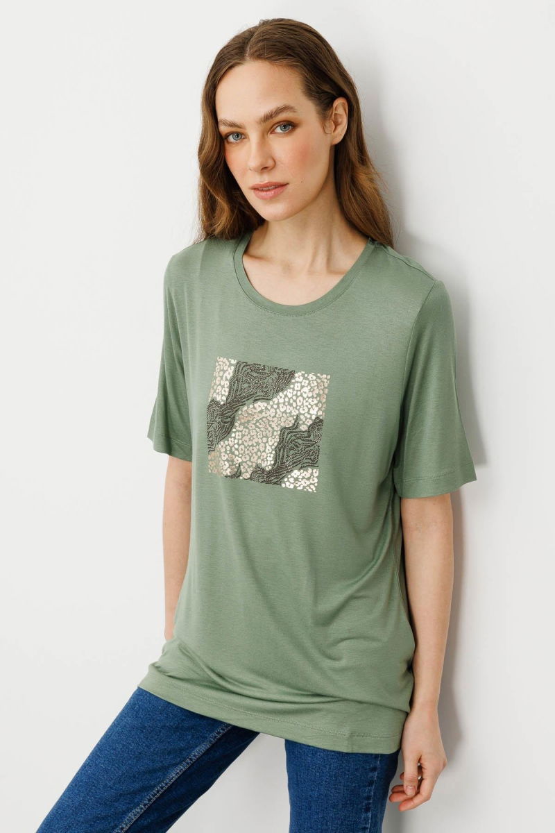 Desen Triko Kadın Sıfır Yaka Önü Taş Baskılı Penye T-Shirt 25834 Haki 