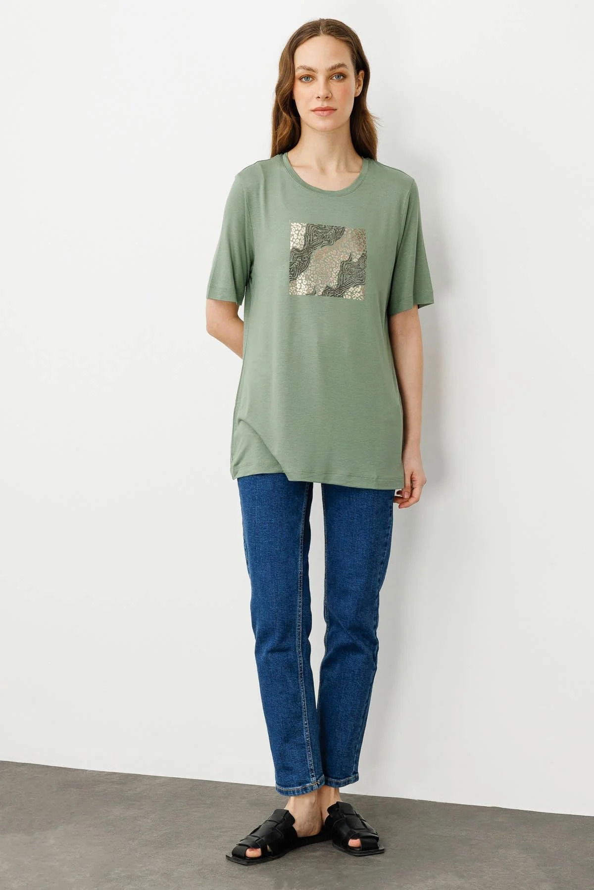 Desen Triko Kadın Sıfır Yaka Önü Taş Baskılı Penye T-Shirt 25834 Haki - 2
