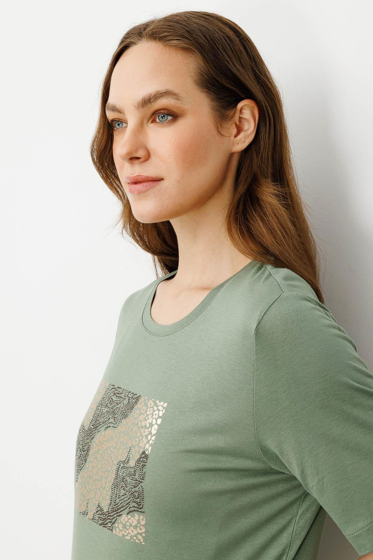 Desen Triko Kadın Sıfır Yaka Önü Taş Baskılı Penye T-Shirt 25834 Haki - 3