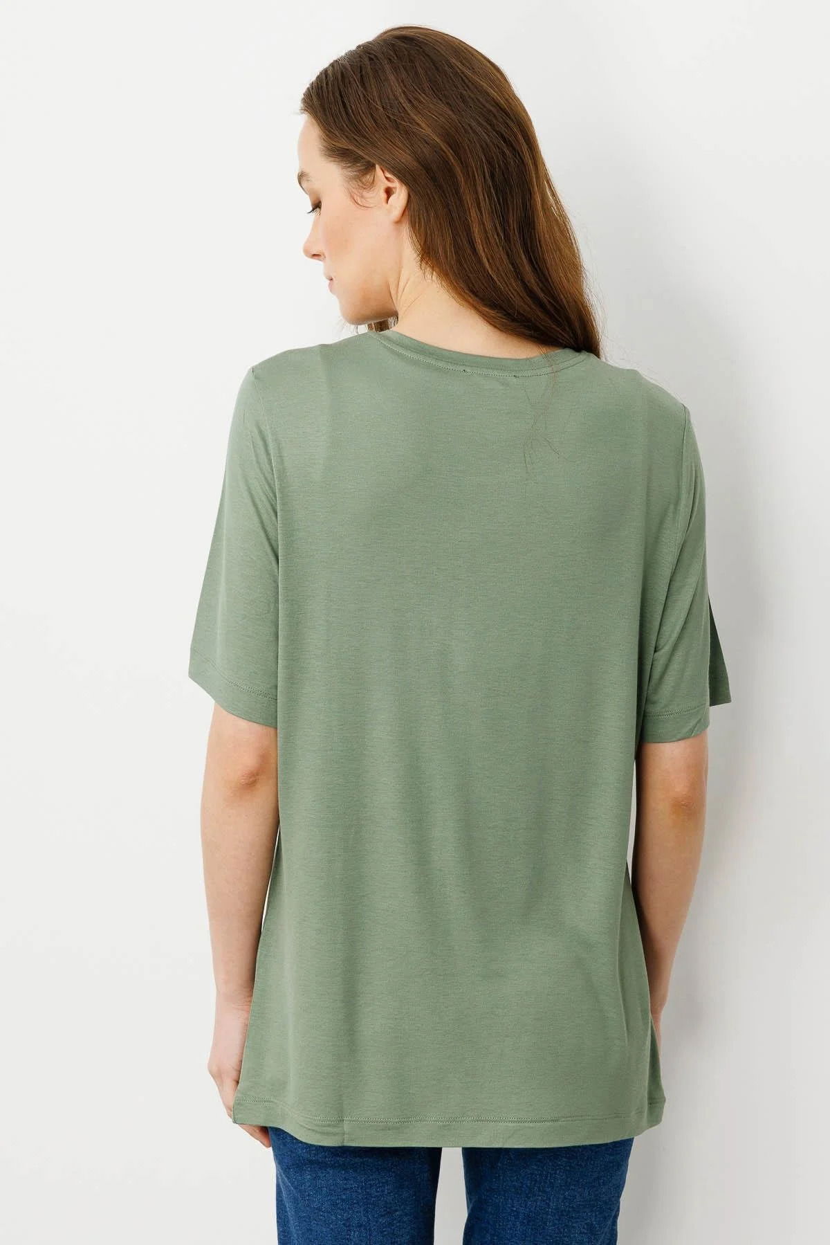 Desen Triko Kadın Sıfır Yaka Önü Taş Baskılı Penye T-Shirt 25834 Haki - 4