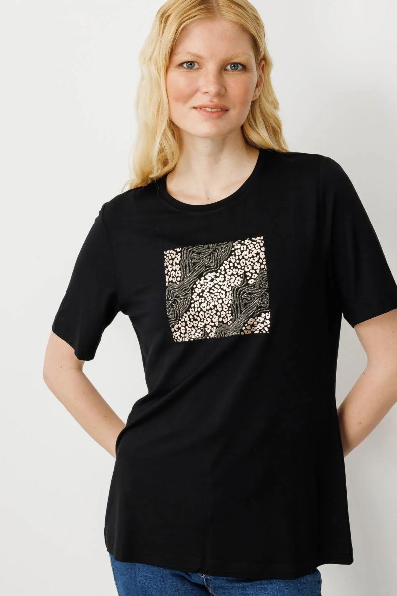 Desen Triko Kadın Sıfır Yaka Önü Taş Baskılı Penye T-Shirt 25834 Siyah 
