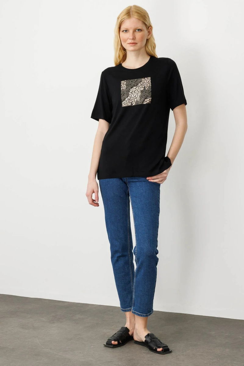Desen Triko Kadın Sıfır Yaka Önü Taş Baskılı Penye T-Shirt 25834 Siyah - 3