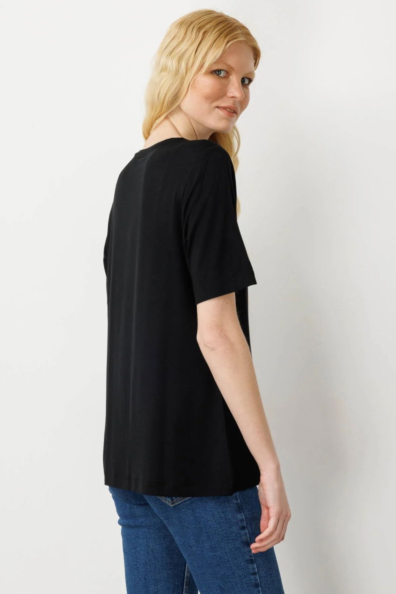 Desen Triko Kadın Sıfır Yaka Önü Taş Baskılı Penye T-Shirt 25834 Siyah - 4