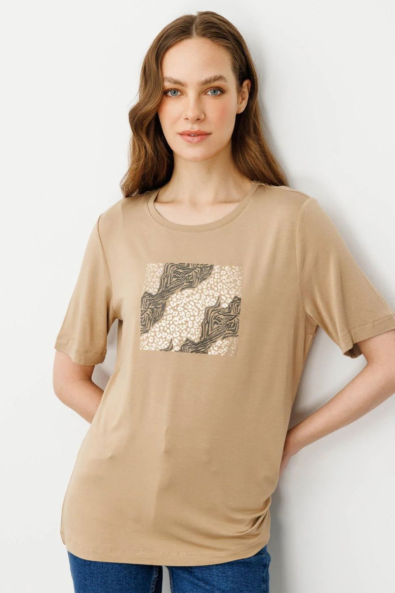 Desen Triko Kadın Sıfır Yaka Önü Taş Baskılı Penye T-Shirt 25834 Vizon 