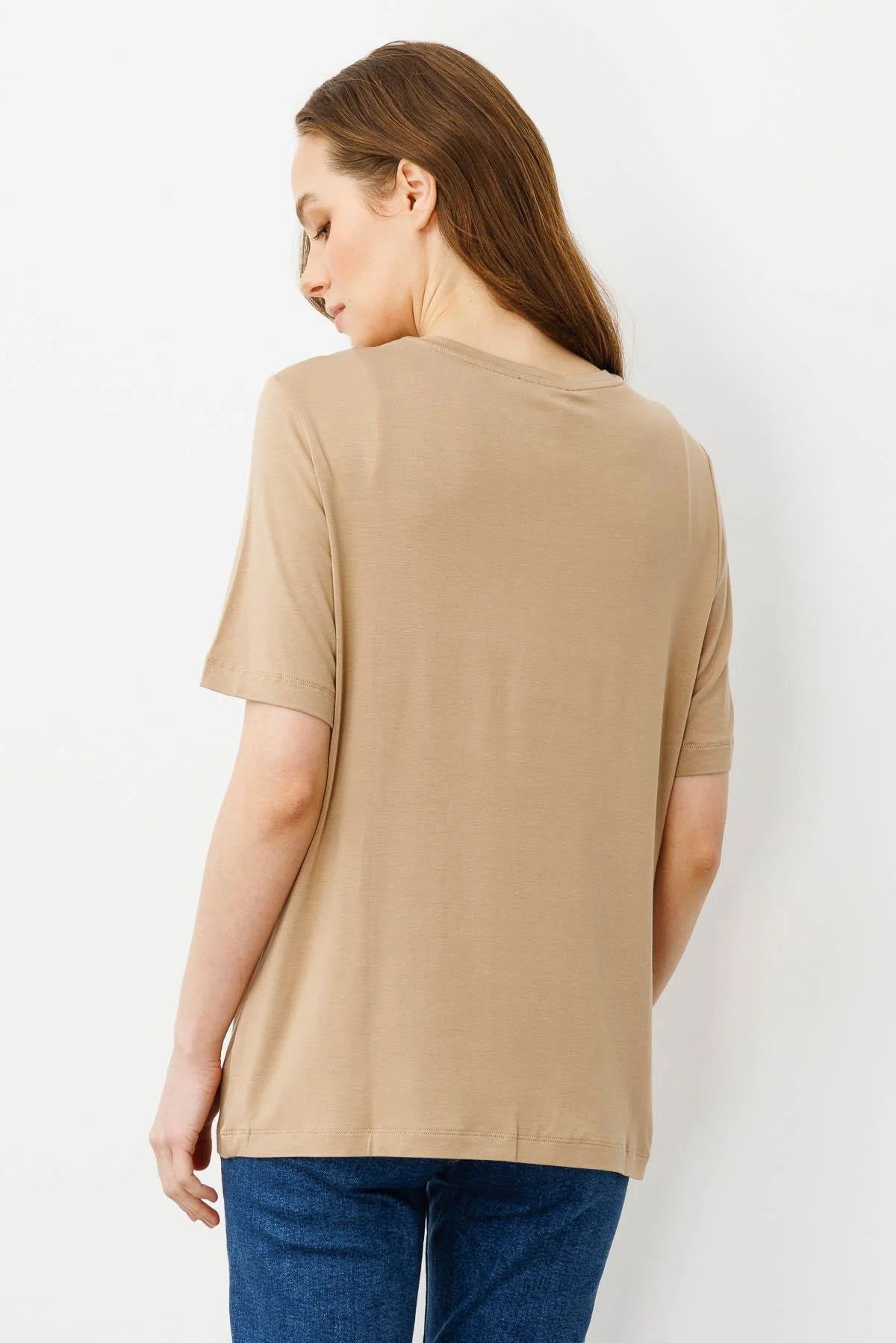 Desen Triko Kadın Sıfır Yaka Önü Taş Baskılı Penye T-Shirt 25834 Vizon - 4
