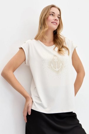 Desen Triko Kadın Sıfır Yaka Önü Taşlı Çapalı T-Shirt KMY24024 Ekru - 1