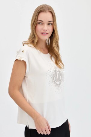 Desen Triko Kadın Sıfır Yaka Önü Taşlı Çapalı T-Shirt KMY24024 Ekru - 3