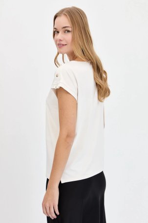 Desen Triko Kadın Sıfır Yaka Önü Taşlı Çapalı T-Shirt KMY24024 Ekru - 4