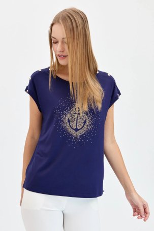 Desen Triko Kadın Sıfır Yaka Önü Taşlı Çapalı T-Shirt KMY24024 Lacivert 