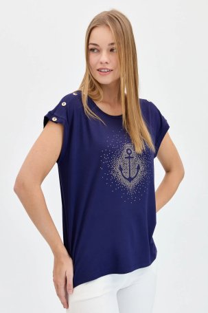 Desen Triko Kadın Sıfır Yaka Önü Taşlı Çapalı T-Shirt KMY24024 Lacivert - 3