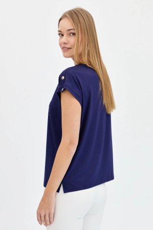 Desen Triko Kadın Sıfır Yaka Önü Taşlı Çapalı T-Shirt KMY24024 Lacivert - 4