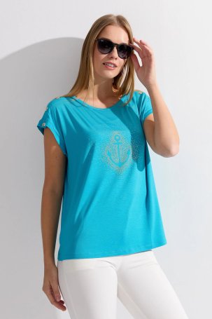 Desen Triko Kadın Sıfır Yaka Önü Taşlı Çapalı T-Shirt KMY24024 Mavi - 1