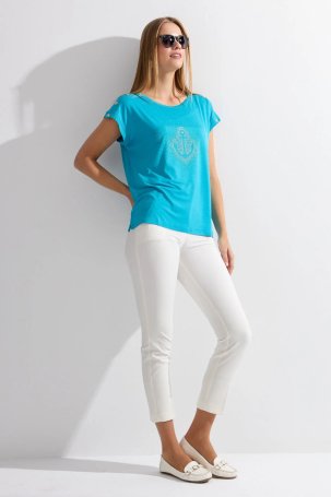 Desen Triko Kadın Sıfır Yaka Önü Taşlı Çapalı T-Shirt KMY24024 Mavi - 2