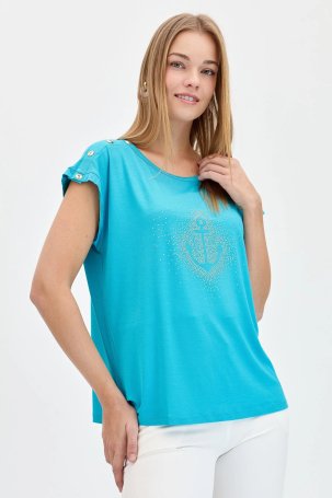 Desen Triko Kadın Sıfır Yaka Önü Taşlı Çapalı T-Shirt KMY24024 Mavi - 3