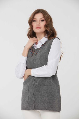 Desen Triko Kadın Sıfır Yaka Papatya İşlemeli Yün Yelek 0242190 Füme 
