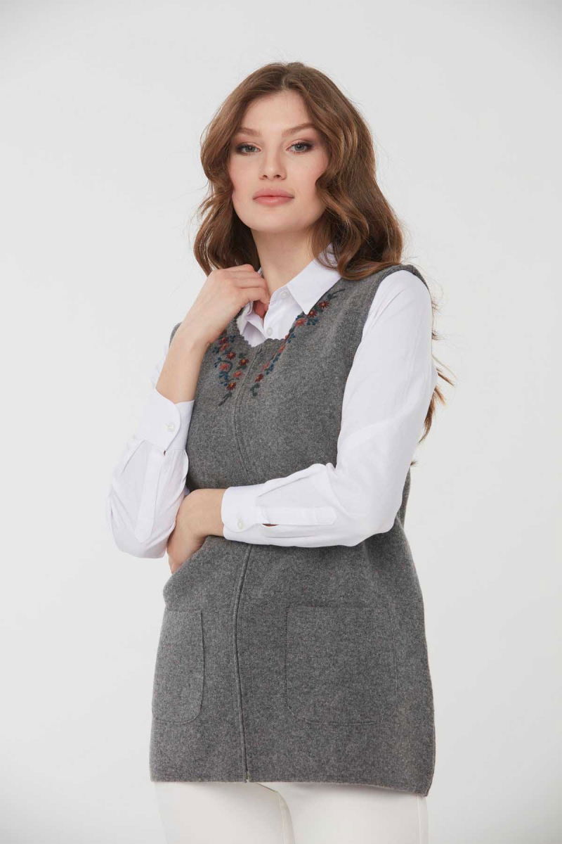 Desen Triko Kadın Sıfır Yaka Papatya İşlemeli Yün Yelek 0242190 Füme - 1