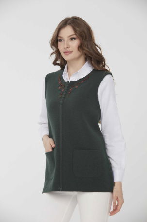 Desen Triko Kadın Sıfır Yaka Papatya İşlemeli Yün Yelek 0242190 Yeşil 