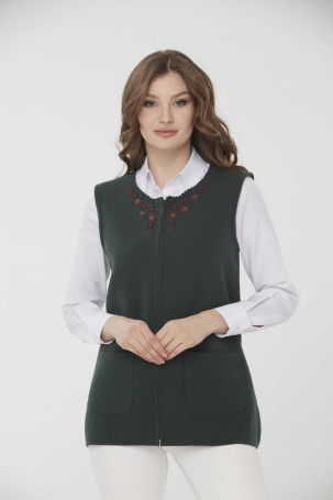 Desen Triko Kadın Sıfır Yaka Papatya İşlemeli Yün Yelek 0242190 Yeşil - 3