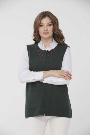 Desen Triko Kadın Sıfır Yaka Papatya İşlemeli Yün Yelek 0242190 Yeşil - 4