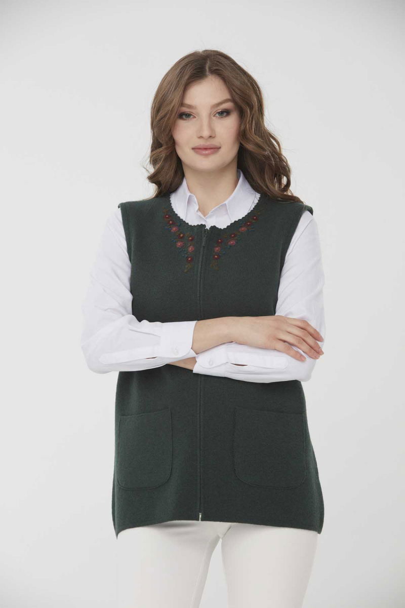 Desen Triko Kadın Sıfır Yaka Papatya İşlemeli Yün Yelek 0242190 Yeşil - 4