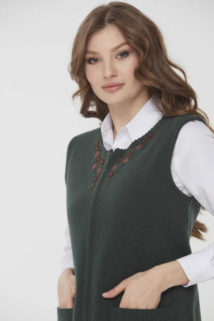 Desen Triko Kadın Sıfır Yaka Papatya İşlemeli Yün Yelek 0242190 Yeşil - 5
