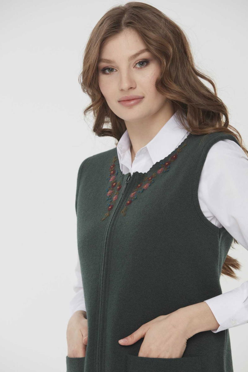 Desen Triko Kadın Sıfır Yaka Papatya İşlemeli Yün Yelek 0242190 Yeşil - 5