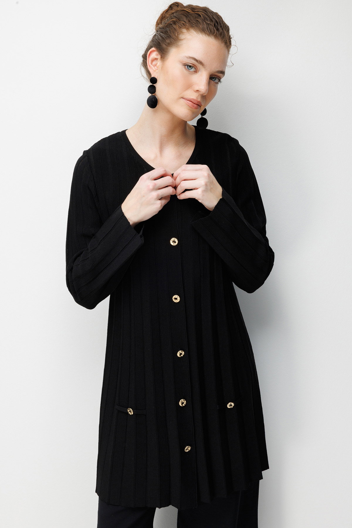 Desen Triko Kadın Sıfır Yaka Pileli Uzun Triko Ceket 26369 Siyah - 1