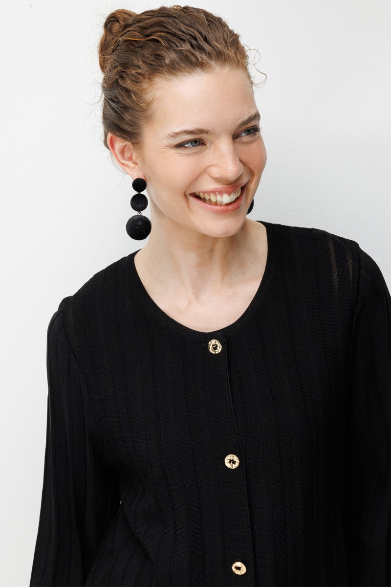 Desen Triko Kadın Sıfır Yaka Pileli Uzun Triko Ceket 26369 Siyah - 2