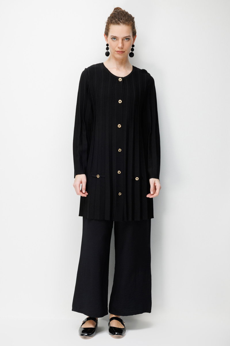 Desen Triko Kadın Sıfır Yaka Pileli Uzun Triko Ceket 26369 Siyah - 3