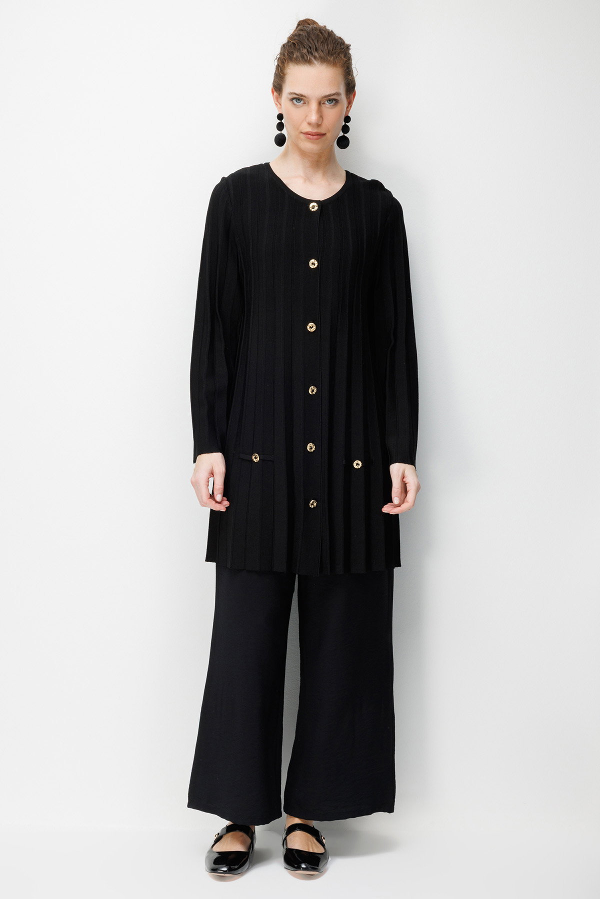 Desen Triko Kadın Sıfır Yaka Pileli Uzun Triko Ceket 26369 Siyah - 3