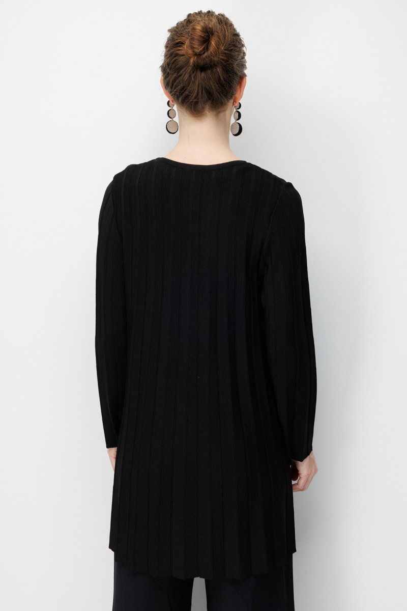 Desen Triko Kadın Sıfır Yaka Pileli Uzun Triko Ceket 26369 Siyah - 4