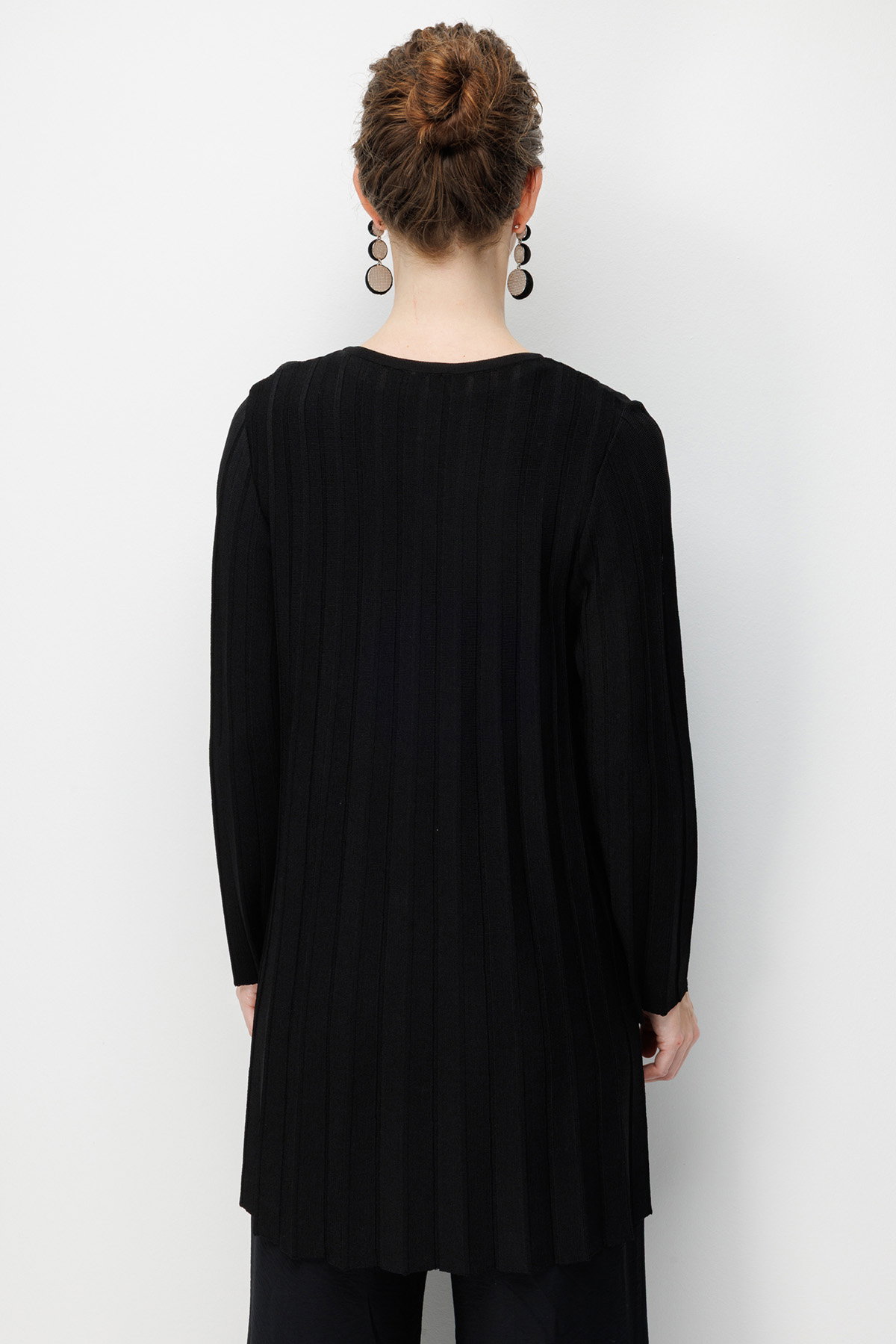 Desen Triko Kadın Sıfır Yaka Pileli Uzun Triko Ceket 26369 Siyah - 4