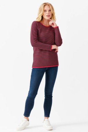 Desen Triko Kadın Sıfır Yaka Renkli Çizgili Tek Yanı Yırtmaçlı Düğmeli Bluz 22078 Kırmızı - 3