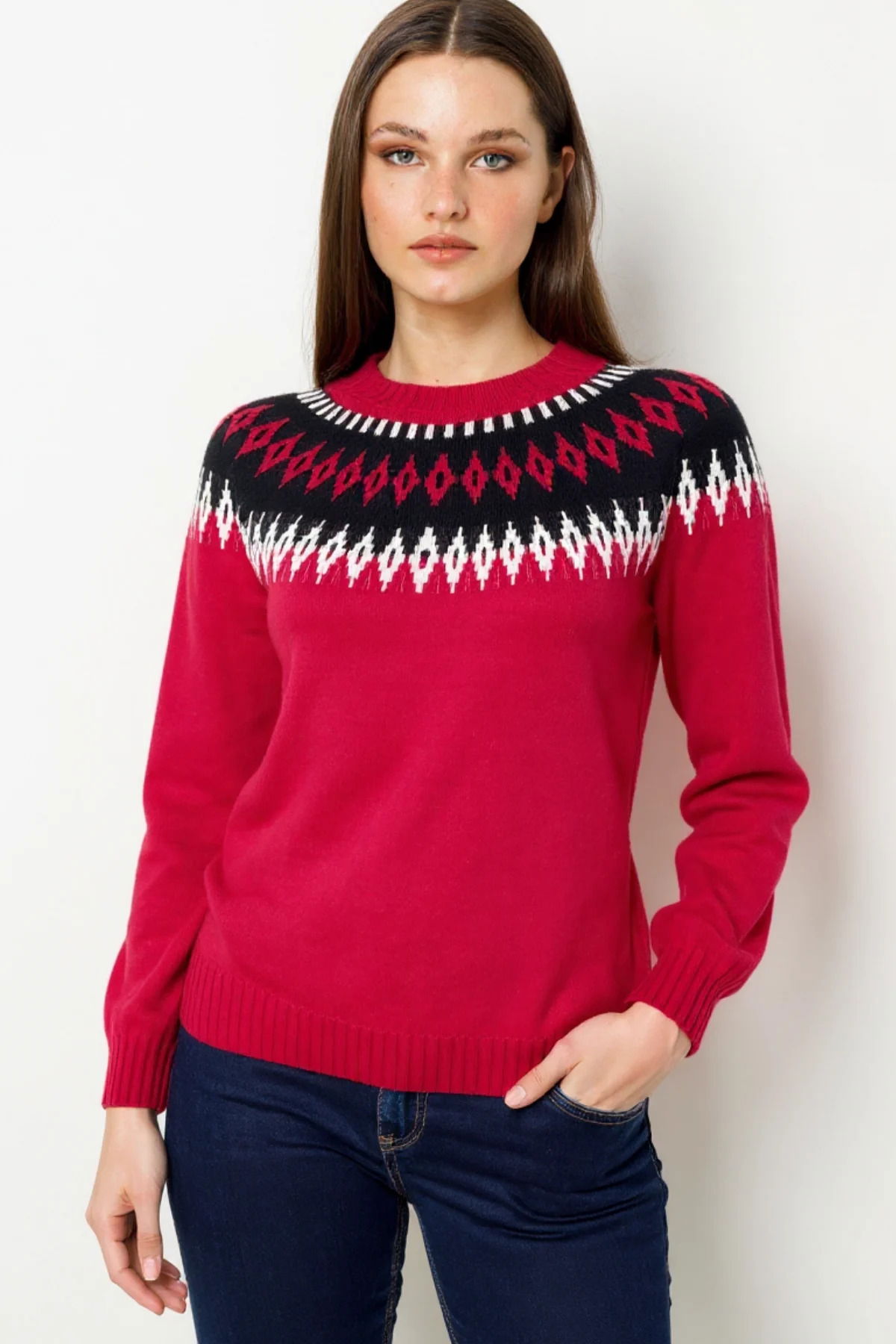 Desen Triko Kadın Sıfır Yaka Robası Baklavalı Yün Kazak 25218 K.Kırmızı - 1