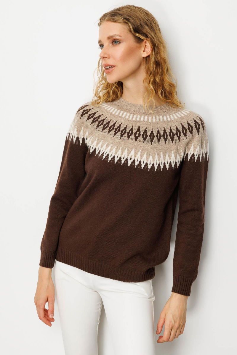 Desen Triko Kadın Sıfır Yaka Robası Baklavalı Yün Kazak 25218 M.Kahve - Desen Triko