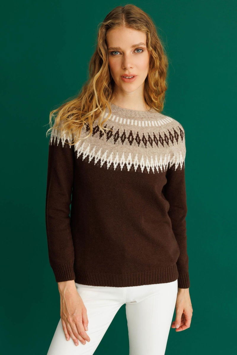 Desen Triko Kadın Sıfır Yaka Robası Baklavalı Yün Kazak 25218 M.Kahve - 3