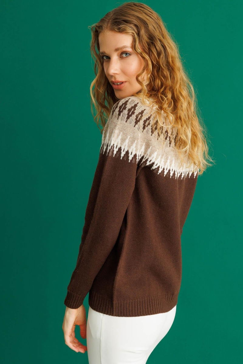 Desen Triko Kadın Sıfır Yaka Robası Baklavalı Yün Kazak 25218 M.Kahve - 4