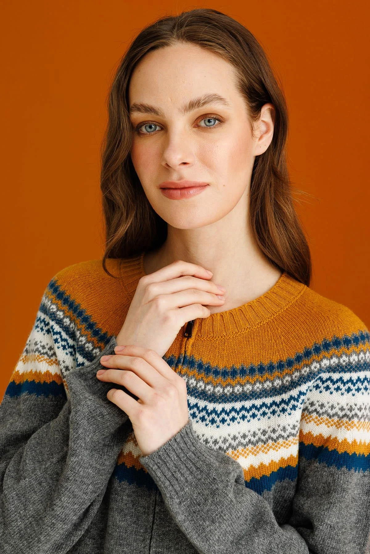 Desen Triko Kadın Sıfır Yaka Robası Jakarlı Yün Hırka 23088 Füme - 1