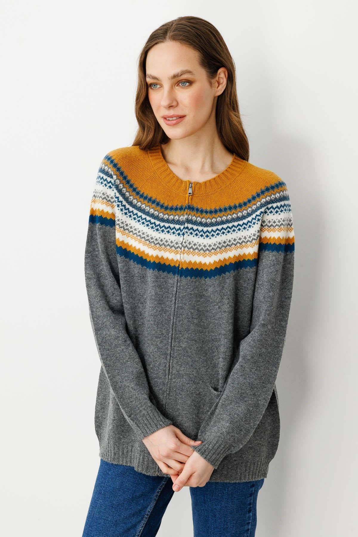 Desen Triko Kadın Sıfır Yaka Robası Jakarlı Yün Hırka 23088 Füme - 2