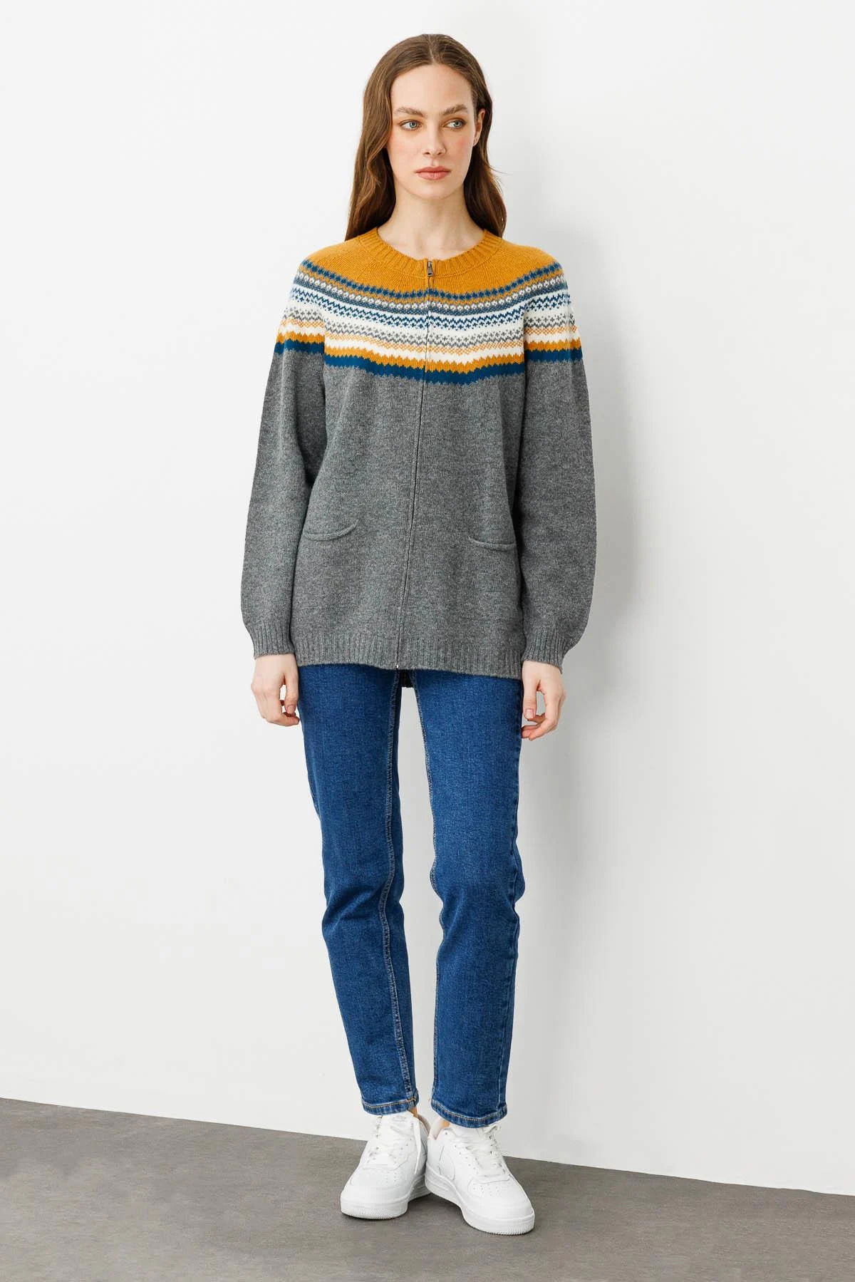 Desen Triko Kadın Sıfır Yaka Robası Jakarlı Yün Hırka 23088 Füme - 3