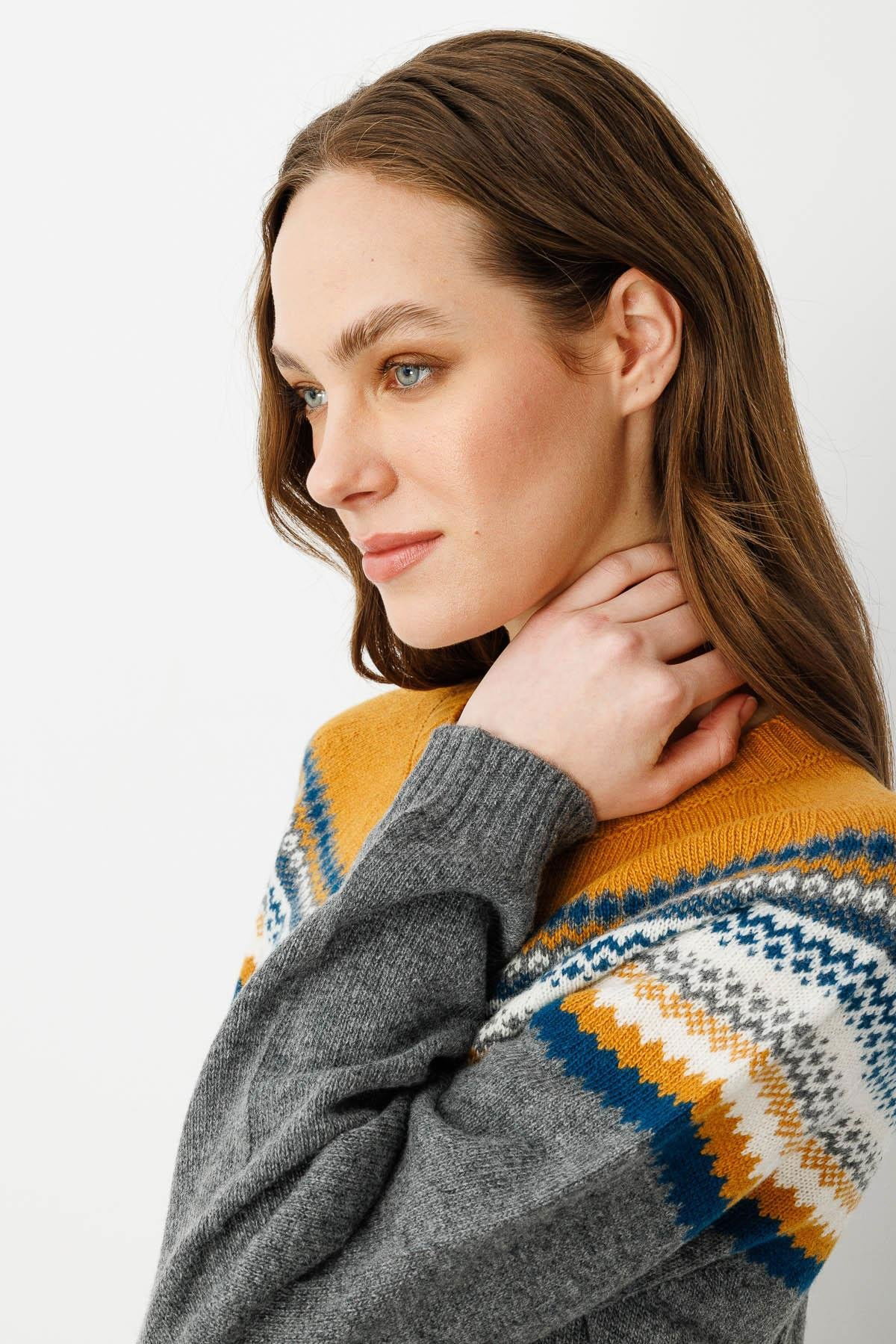 Desen Triko Kadın Sıfır Yaka Robası Jakarlı Yün Hırka 23088 Füme - 4