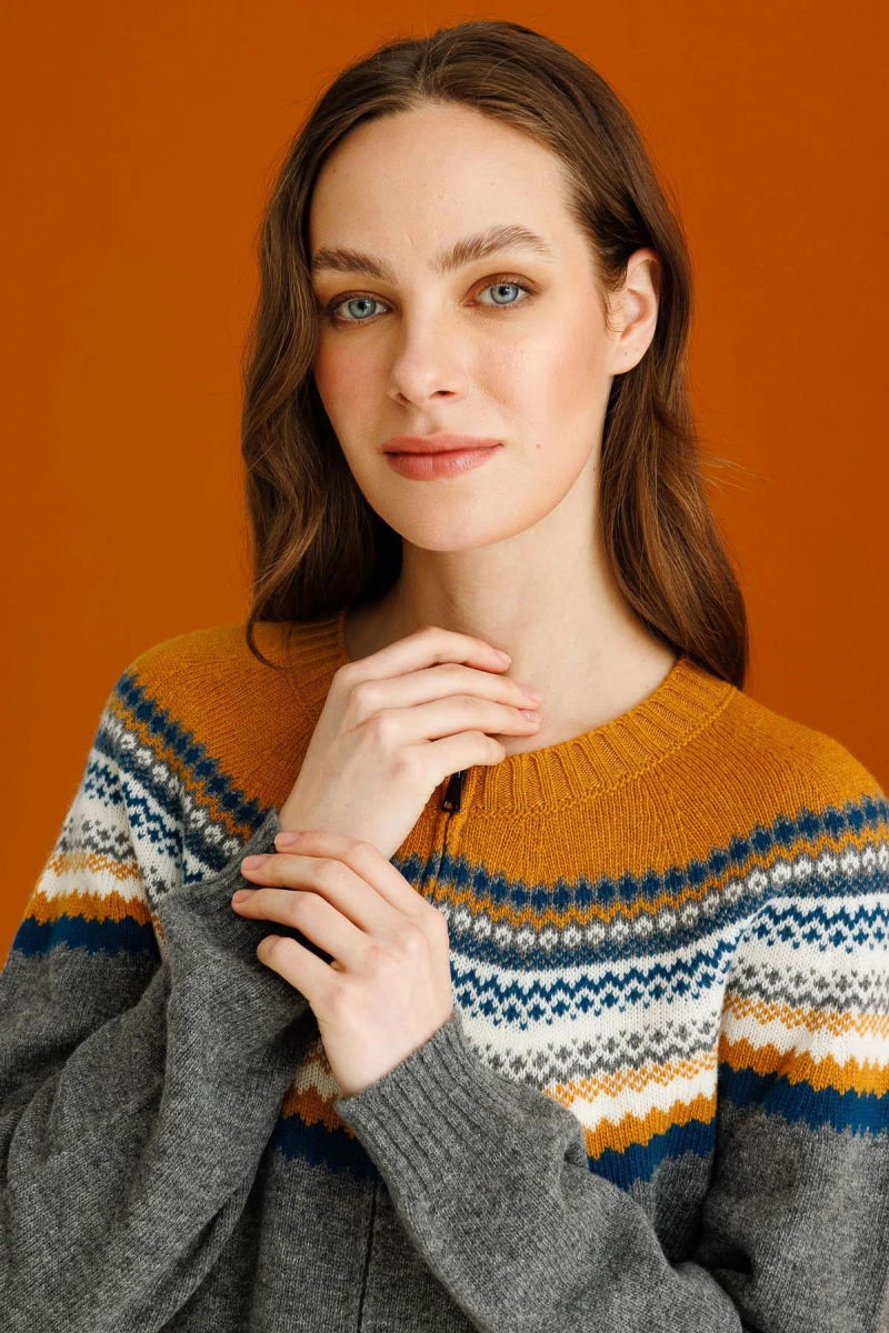 Desen Triko Kadın Sıfır Yaka Robası Jakarlı Yün Hırka 23088 Füme - Desen Triko