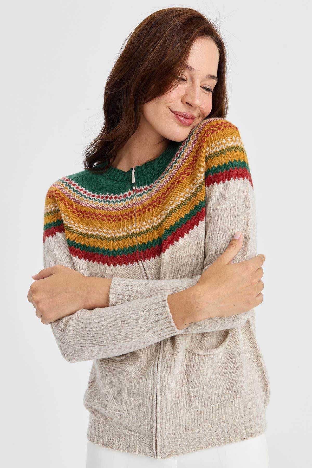 Desen Triko Kadın Sıfır Yaka Robası Jakarlı Yün Hırka 23088 V. Bej - 1