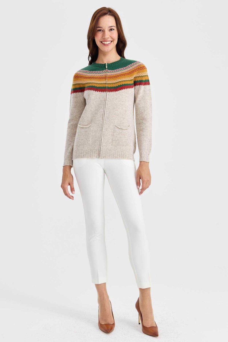 Desen Triko Kadın Sıfır Yaka Robası Jakarlı Yün Hırka 23088 V. Bej - 2