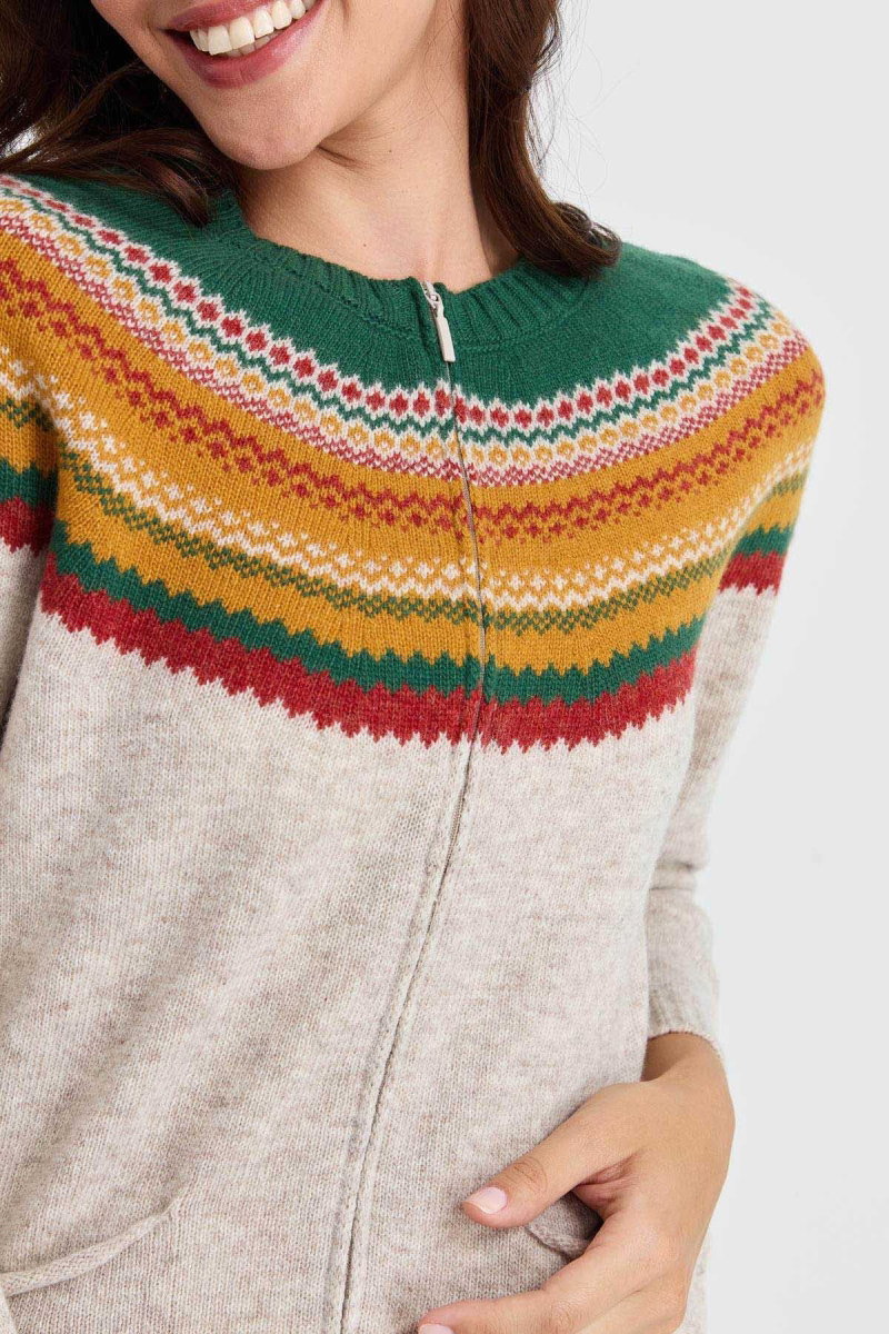 Desen Triko Kadın Sıfır Yaka Robası Jakarlı Yün Hırka 23088 V. Bej - 3