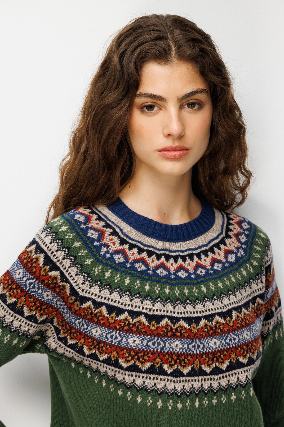 Desen Triko Kadın Sıfır Yaka Robası Jakarlı Yün Kazak K.Yosun - 2