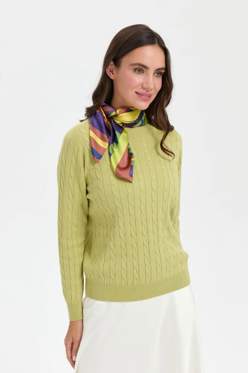 Desen Triko Kadın Sıfır Yaka Saç Örgülü Kazak 3329 A. Yeşil 