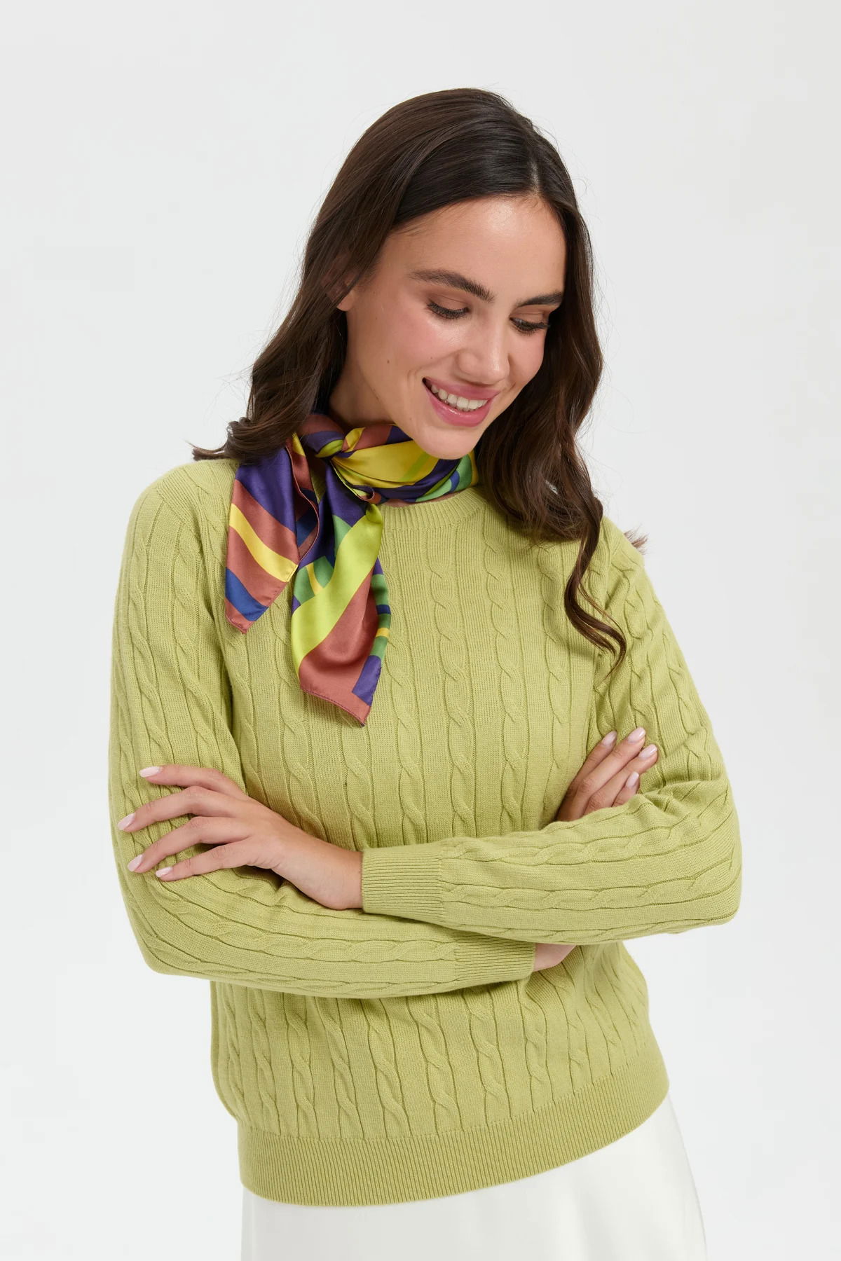 Desen Triko Kadın Sıfır Yaka Saç Örgülü Kazak 3329 A. Yeşil - 2
